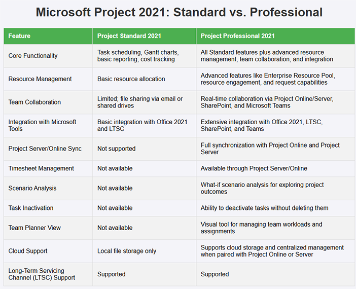 Microsoft Project 2021 Standard vs Professional